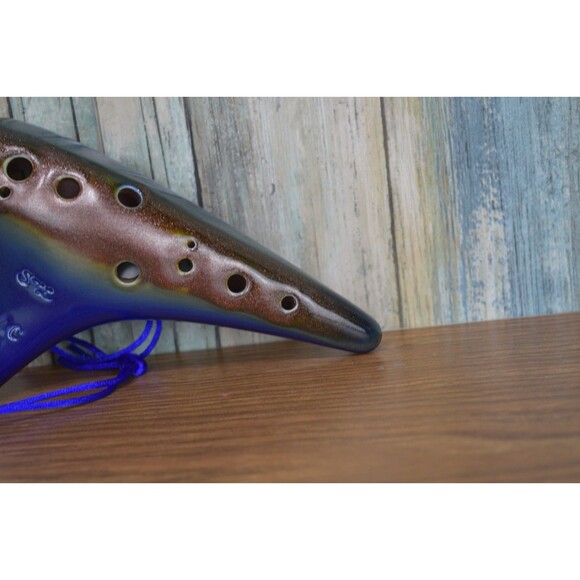 STL Ocarina 12 Hole Alto C Ceramic Flute Blue Brown Earth Glaze w/ Case & Strap - Picture 6 of 12